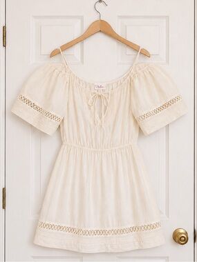 Parker 100% Silk Ivory Puff Sleeve Ladder Trim Mini Dress